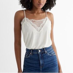 Express White Lace Trim Bodysuit Cami Romantic New Preppy Size Large
